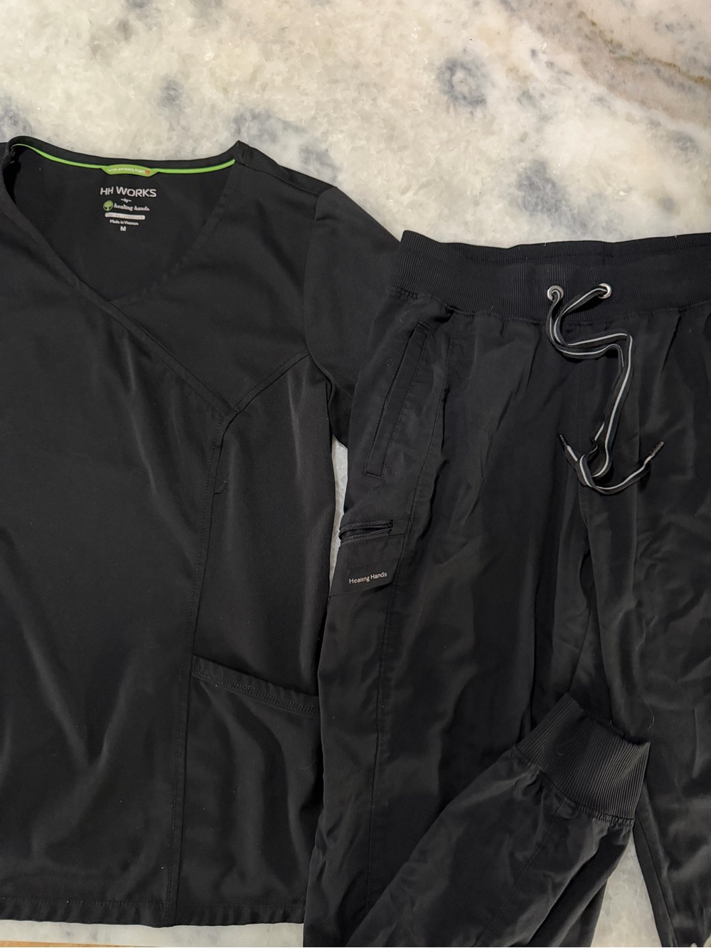 Healing Hands HH works Womens Black V-Neck Scrub Top and Jogger Pants Set Sz M